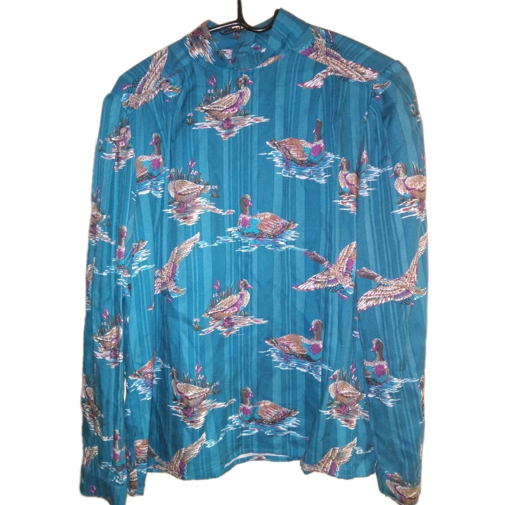 Vtg Sz 12 Country Suburbans Teal Ducks Blouse‎ Wildlife USA Retro 1970 Western